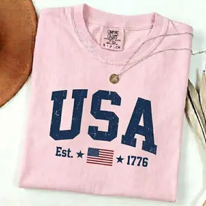 Comfort Colors 4th of July T-Shirt, USA America Tee, Independence Day T-Shirt, Retro Red White and Blue Summer Outfit, Fourth of July Women’s Tee