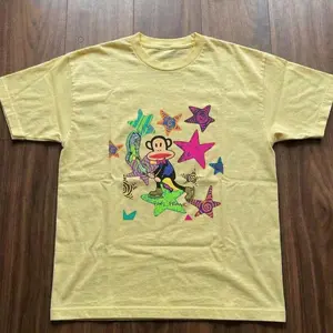 Yellow Paul Frank With Colorful Stars And Monkey Baby Tee – Y2K Vintage Cartoon Aesthetic Top