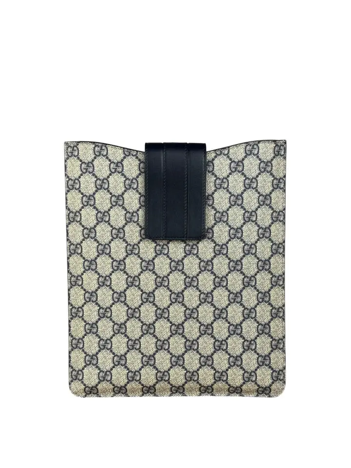 Pre-owned GUCCI Leather Trim Shoulder Bags Navy Blue Coated GG Supreme iPad Case