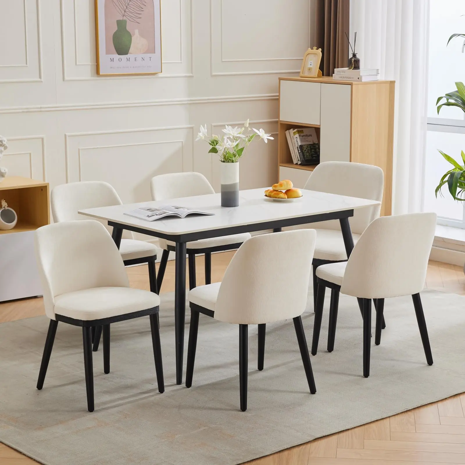 Set of 2 Modern Stylish and Comfortable Dining Chairs Beige Upholstered Accent Chairs with Ergonomic Curved Back and Sturdy Wood Legs Versatile for Kitchen Dining Room Living Room and Office