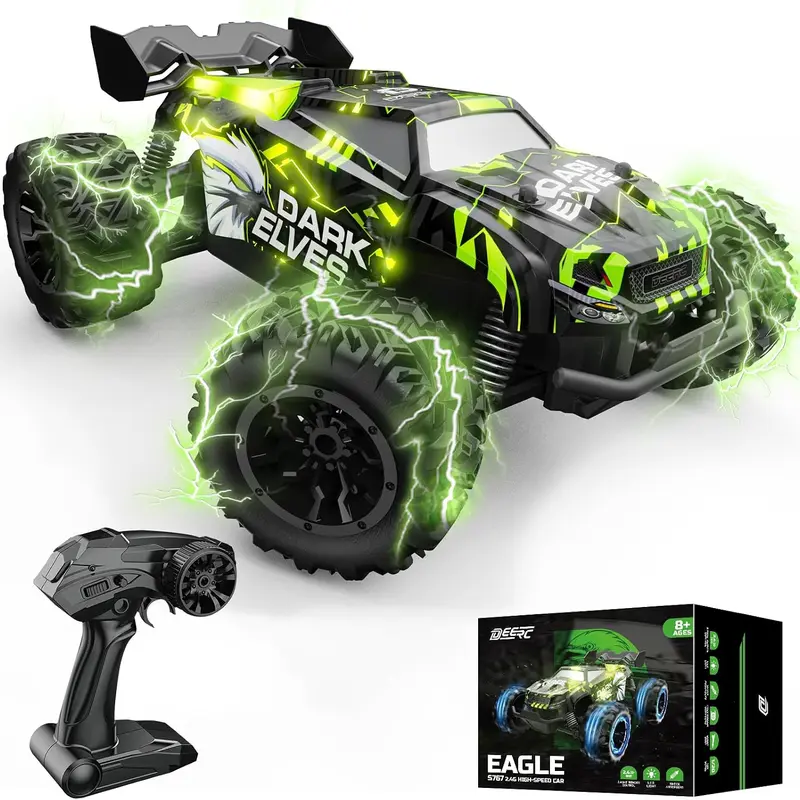 DEERC 2.4GHz Radio System RC Crawler Car - Injection Mold All Terrain Off Road Truck Toy, 4 Metal Shocks, 2x500mAh Built-in Li-ion Batteries (40 Min Play), USB Powered, 24x17x19cm, Beginner-Friendly Kids Toys for Boys Ages 4+ Little Boy Gifts w/Remote
