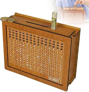 Cash Vault Wooden Savings Box,$10000 Wooden Cash Saver Money Box, Cash Saver Box, Coin Counter Piggy Bank, Money Box with Counter, Wooden Money Box with Money Target and Numbers (Brown)