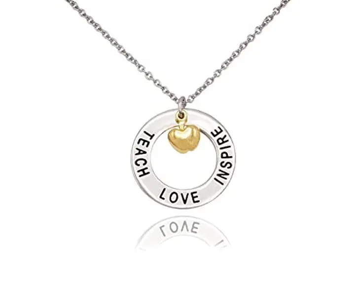 Quan Jewelry Teacher Necklace Two-Tone Apple Jewelry, Teachers Appreciation Gifts Motivational Charm Teach Love Inspire Necklace and Thank You Card