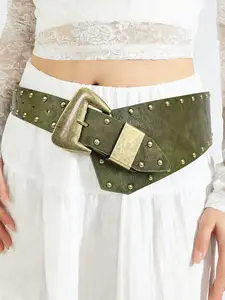 Boho Western Olive Women's Waist Belt, Western Belts, Vintage Irregular Antique Copper Buckle, Music Festival Rivet Belt, Y2K Chunky Belt