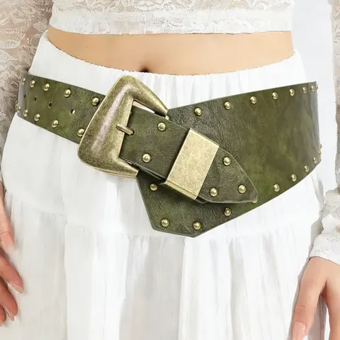 Boho Western Olive Women's Waist Belt, Western Belts, Vintage Irregular Antique Copper Buckle, Music Festival Rivet Belt, Y2K Chunky Belt, Pu Belt, Belt With Buckle