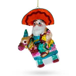 Santa Riding a Festive Pinata Blown Glass Christmas Ornament