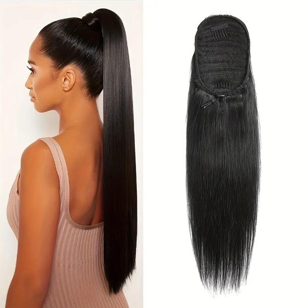 "Straight Human Hair Drawstring Ponytail Extension for Women, Clip-In Secure Fit, 10-28 Inch 100g/Pack, Natural Basic Style for All "	