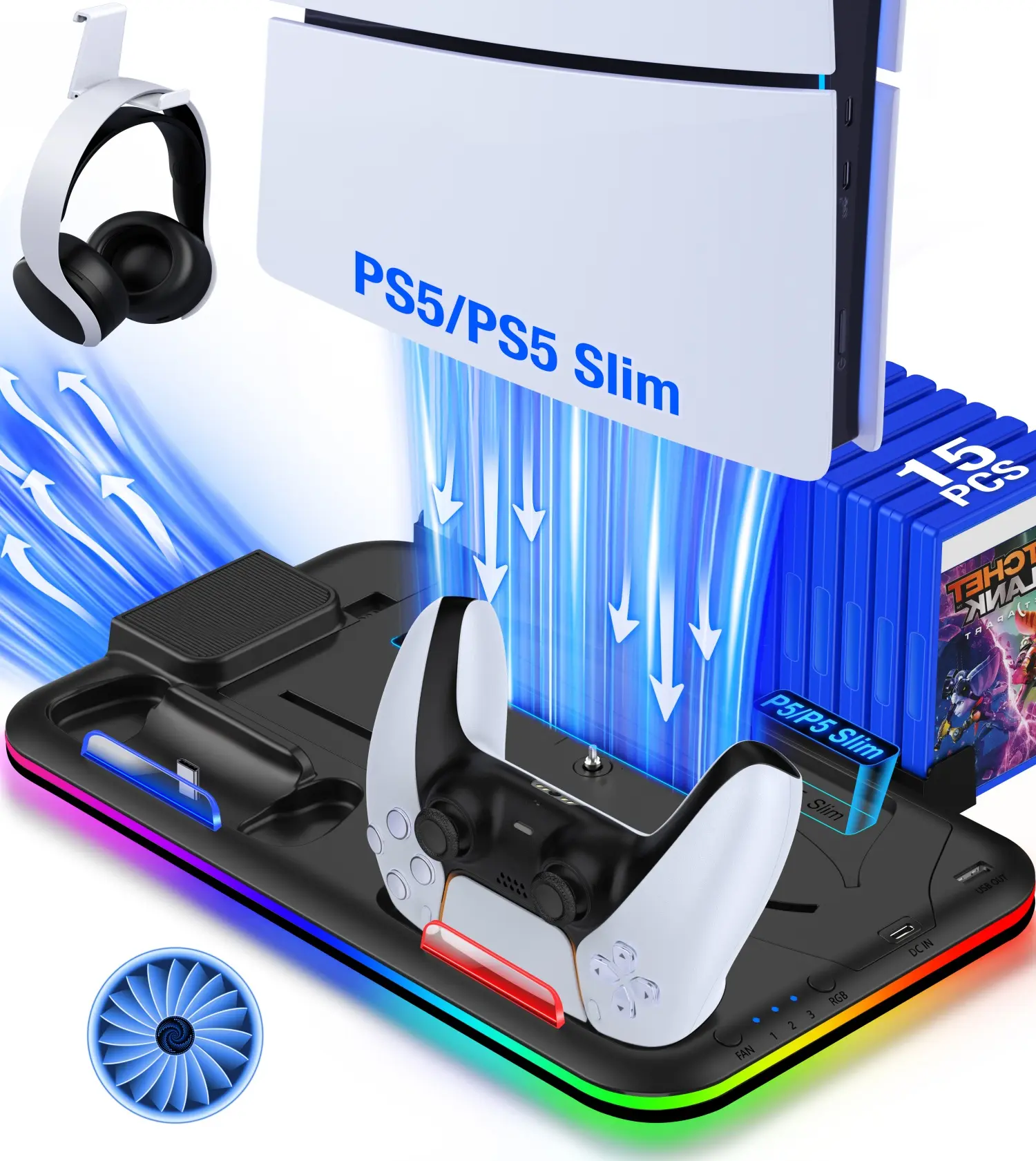 ESYWEN Cooling Stand and Controller Charging Station for PS5 Slim Console Disc/Digital, Headset Holder, 15 Game Slot for Playstation 5