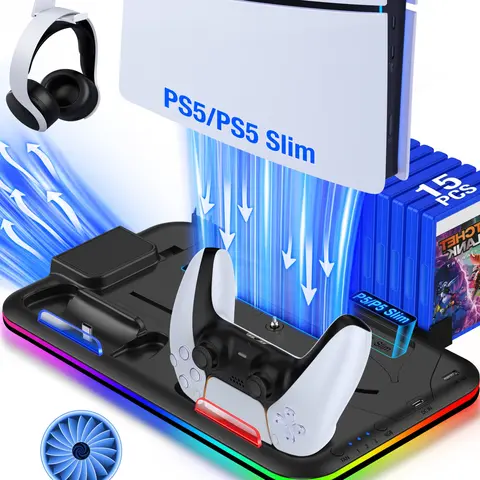 ESYWEN Plastic Cooling Stand for PS5 Slim (Digital/Disc) Gaming Console Accessories - Cooling Fan, Dual Controller Charging Station, Built-in Stand, 15 Game Slots, 6 Card Slots, Headset Holder, Adjustable Fan Speed, Charges 2 Controllers