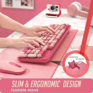 Wireless Keyboard and Mouse, Silent Keyboard Mouse Combo, Full-Size Colorful Typewriter Keyboard, with Round Keycaps, 2.4G Cute Mouse Compatible with PC/Laptop/Computer (Rose Pink)