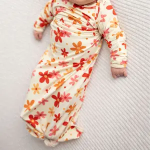 Three Little Tots 70s Groovy Floral Flower Knotted Newborn Baby Gown Sleeper - Perfect for Baby's First Night Sleep