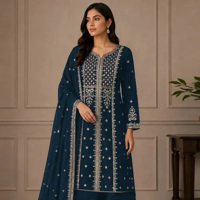 Teal color Georgette Embroidered Sharara Suit - Size 48/50 Big Size Ethnic Wear