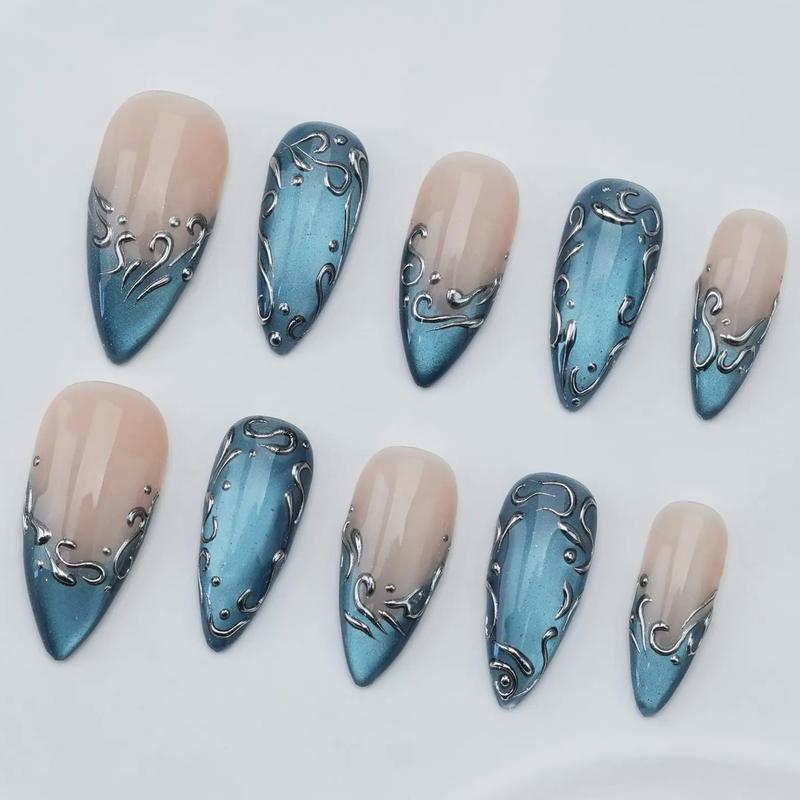 Handmade Gel Press On Nails Blue Cat Eye Press Party Gel ArtGlitter Nails Sparkle Brown Star Nails Luxury Metallic Silver Black Long Almond Reusable Nail Set
