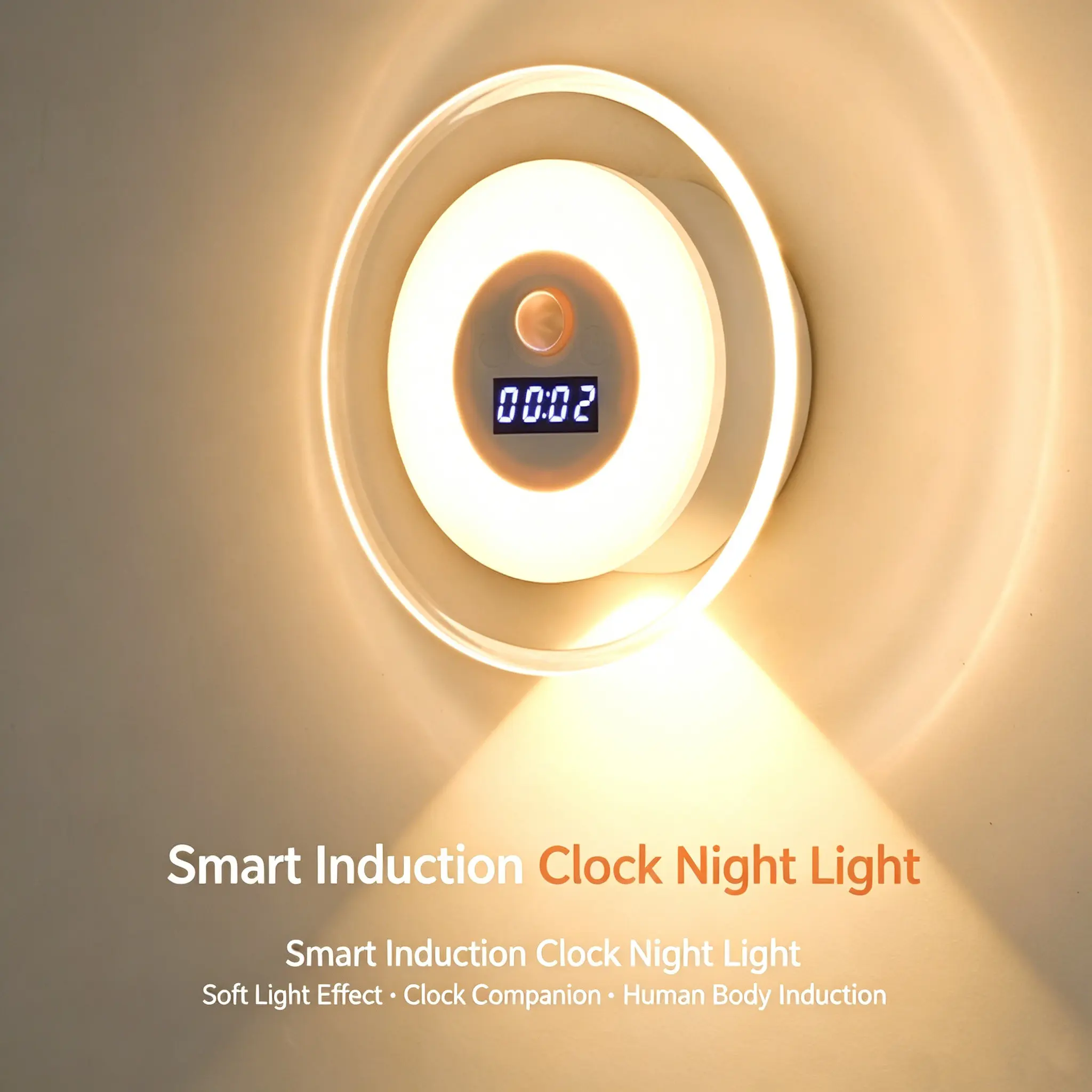 Rechargeable LED Motion Sensor Wall Night Light with Digital Clock, 3 Color Modes, Dimmable Fast Charging Indoor Wall Spotlight, White Light for Bedroom, Nursery Room