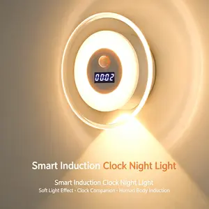 Rechargeable LED Motion Sensor Wall Night Light with Clock, 3 Color Modes, Dimmable Indoor Wall Spotlight for Bedroom, Hallway