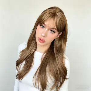 【CLEARANCE SALE】Molly-DWY Mid-Length Wavy Layer Cut Golden Linen Brown Glueless Synthetic Wig for Women 24 Inches Natural Hairline Body Wavy Wigs Wavy Ombre Wig