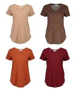 Urban Diction Slub Knit SEMI-SHEER Breathable 4 Pack Women's Loose V-Neck Stretch Short Sleeve T-Shirts Casual Top Womenswear