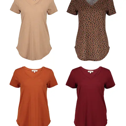 Urban Diction Slub Knit SEMI-SHEER Breathable 4 Pack Women's Loose V-Neck Stretch Short Sleeve T-Shirts Casual Top Womenswear