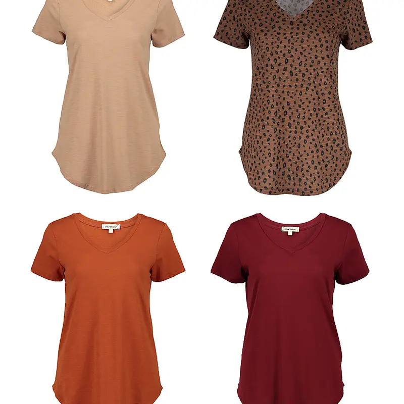 Urban Diction Slub Knit SEMI-SHEER Breathable 4 Pack Women's Loose V-Neck Stretch Short Sleeve T-Shirts Casual Top Womenswear