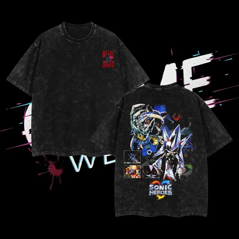 Metal Sonic Hedgehog T-Shirt | Sonic Heroes Villain Acid Washed Oversized Tee, Retro Gaming Robot Bootleg Style, Heavyweight Fandom Apparel.