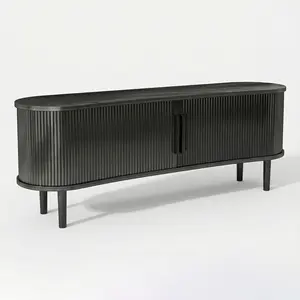 63in Fluted Solid Wood TV Stand - Modern Entertainment TV Stand with Vertical Handle, Oval Curve, Raised Solid Legs, Large Storage, Cable Management Openings, Anti-Tilt Device, Easy Setup, Optimal Viewing Height, Black for Living Room, Bedroom