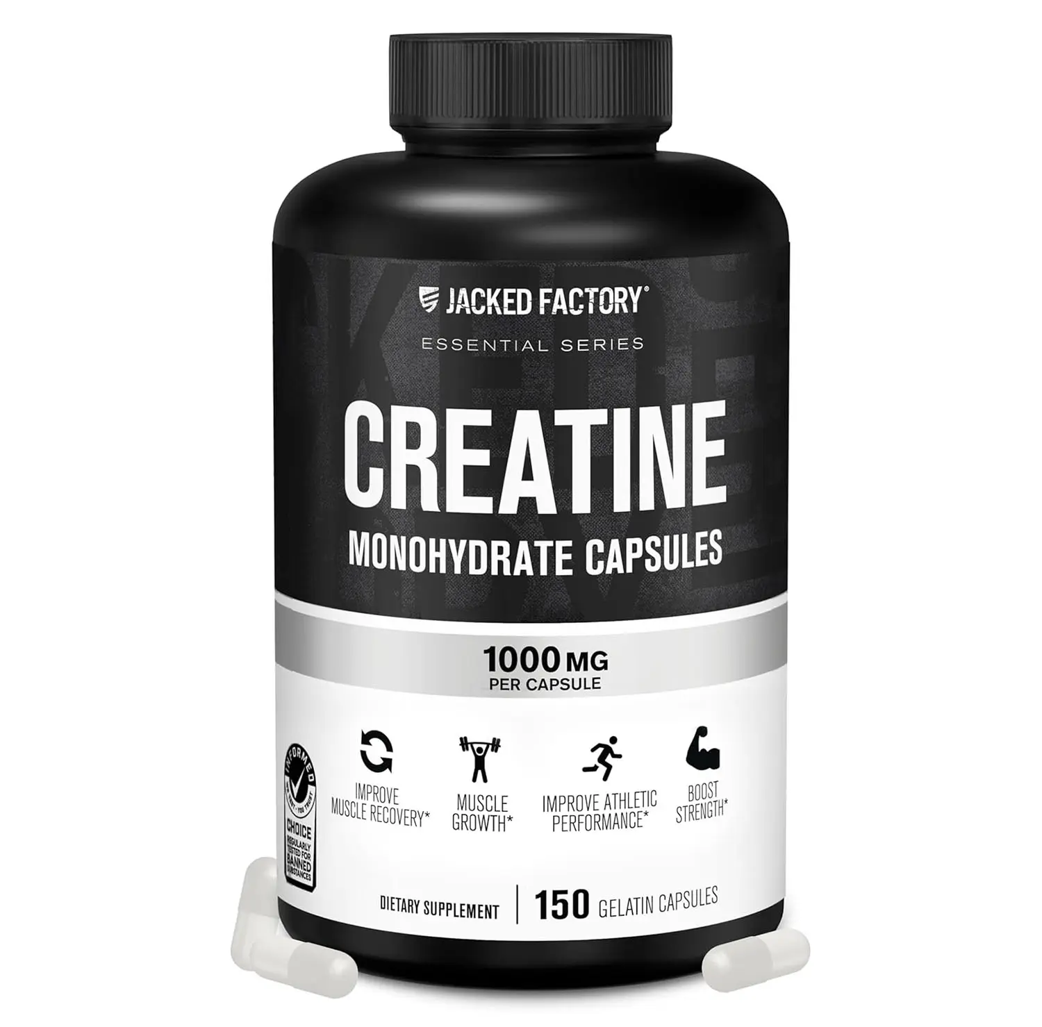 Jacked Factory Creatine Monohydrate Capsules - Creatine Pills for Muscle Growth, Increased Strength, Enhanced Energy Output and Improved Athletic Performance - 150 Capsules