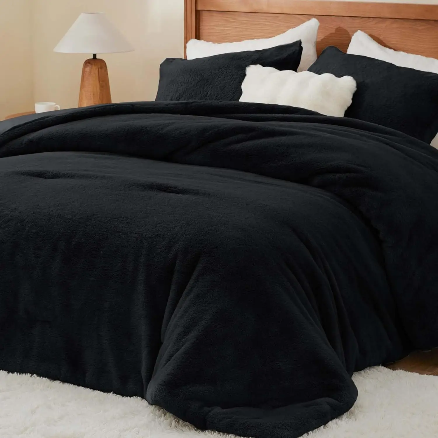 Faux Fur Fleece Queen Comforter Set - Fluffy & Warm Black Comforter Queen Size,Ultra Soft and Cozy Winter Bedding Set,Fuzzy Thick Bed Set,1 Comforter and 2
