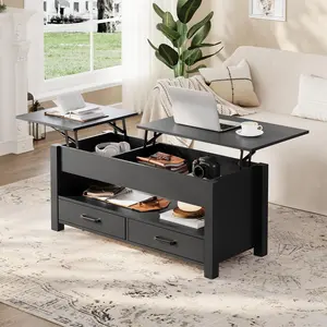 Garvee 47.2" Multi-Function Lift Top Coffee Table with Storage,Convertible Wooden Tabletop with 2 Drawers & Hidden Compartment, Central Table for Living Room, Home Office, Gaming & Sofa, Easy Assembly