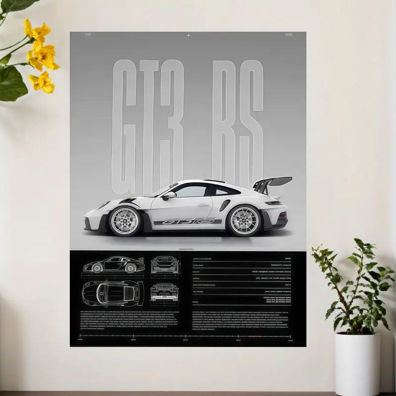 PC frameless Porsche 911 GT3RS car art decoration poster, Unframed Wall Art, Home Decor Products, Art Work For Wall Decor, suitable for wall decoration in living room, bedroom, office, as an art piece, perfect gift and decoration, 12 inches x 16 inches