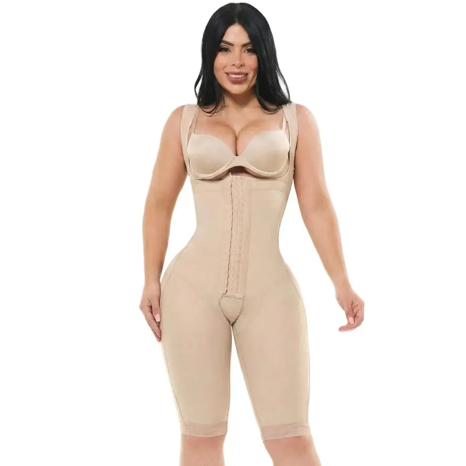 Fajas Salome 232-CCB | Colombian Powernet Comfort Knee Length Bodysuit | Hourglass Tummy Control Butt Lifting | 3-Hook Open Bust Postpartum + Daily Wear Women — Made in Colombia