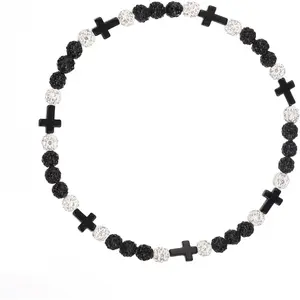 KF5-NKL06  19ln    Baseball Beaded Cross Necklace for Boys Girls Kids Men,Rhinestone Discoball Bling Necklace -Baseball Ice Cross Necklace Drip Gifts for Players Athletes Christian