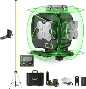 Huepar 16 Lines Self-Leveling Laser Level 4x360° Cross Line Laser with Receiver and Laser Telescoping Pole -LCD Screen, 4D Bluetooth Green Beam Laser Level Tool Kit, Remote Control S04-5RG & LP36
