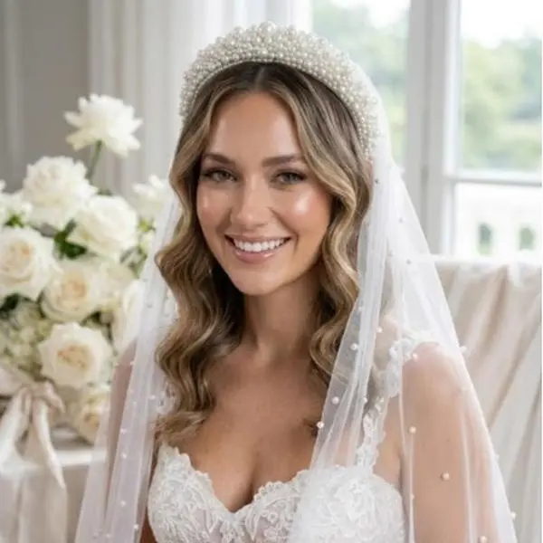 2pc Pearl Bridal Set, Padded Pearl Headband and Scattered Pearl Veil, Pearlcore Wedding Accessories, Bride Headpiece Set wedding pearl veil White Pearl Veil, Soft Tulle Wedding Veil with Comb Pearls Bridal Veil Wedding Veil
