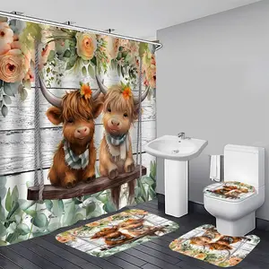 Cow & Flower Pattern Shower Curtain Sets with 12pcs Hooks, 1/4 Counts Including Shower Curtain & Toilet Mat & Bath Mat & Toilet Lid Cover, Bathroom Decor Supplies for Home Hotel, Bathroom Decoration Accessories