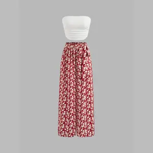 Cider [size 2-10] Strapless Solid Ruched Crop Top & Mid Rise Floral Knotted Wide Leg Trousers