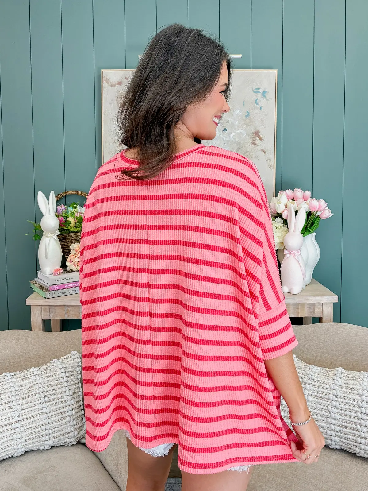 Spring Striped Raised Rib Easy Fit 3/4 Sleeve Top | Reg-Plus