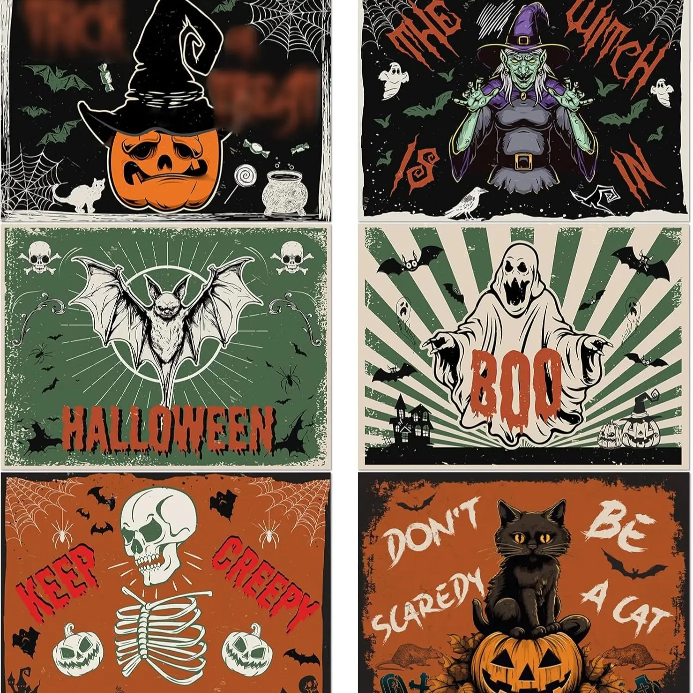 2D flat printing, 6-piece set of Halloween placemats, retro table mat black cat placemat, ghost witch bat rectangular skeleton table decoration suitable for indoor and outdoor party decoration, restaurant kitchen dining