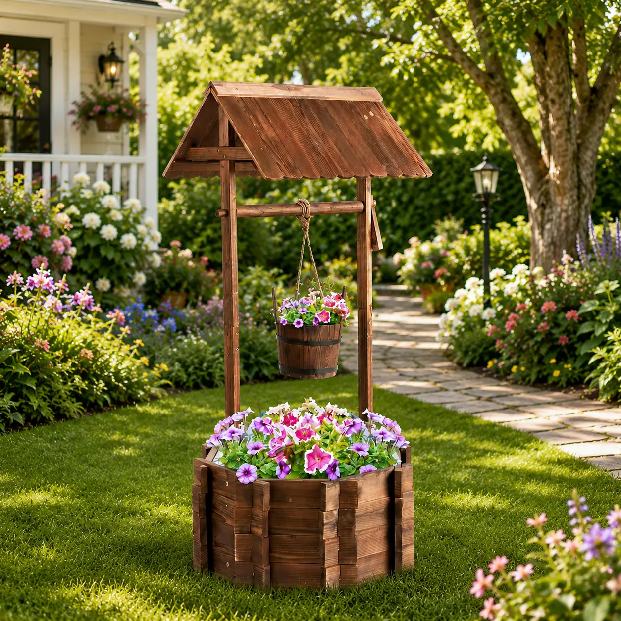 Outdoor Wooden Wishing Well Planter, Rustic Garden Flower Pot, Fir Wood Flower Stand, Patio Yard Decor, Decorative Plant Holder