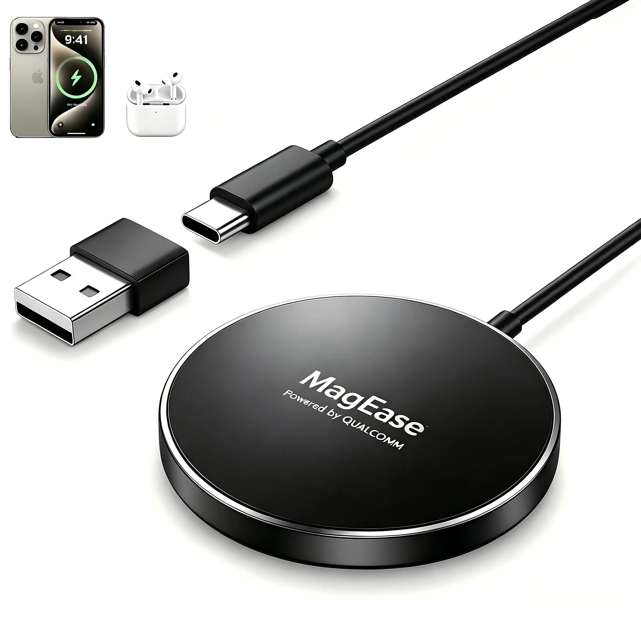 MagSafe Magnetic Wireless Charger, Strong Magnet Aluminum Alloy Heat Dissipation Charger Compatible with iPhone 12-17 & AirPods Series, Comes with USB-C Cable & USB-A Converter