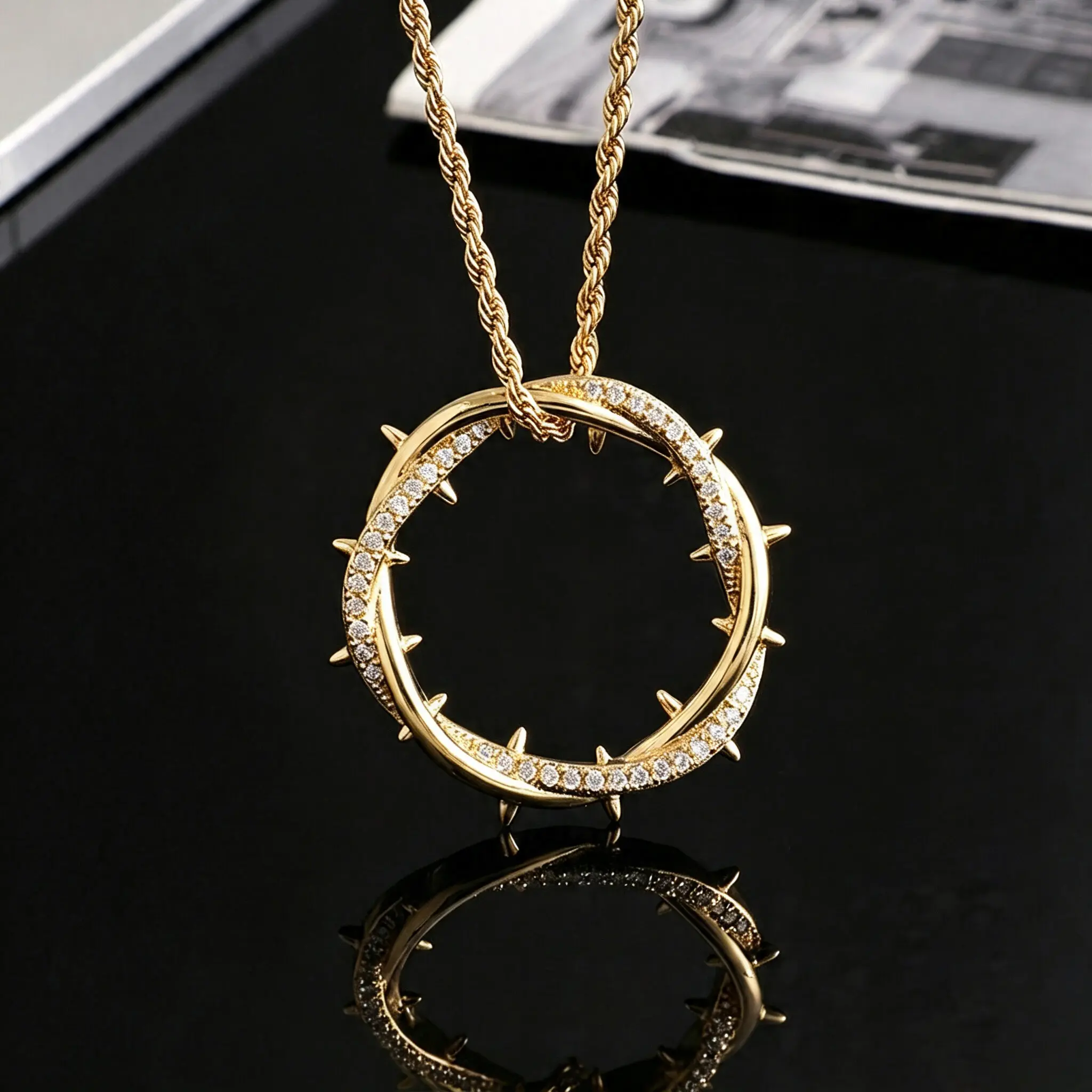 Men's Thorn Crown Pendant Necklace, 14K Gold Plated,  Iced Out Necklace Hip Hop Fashion Jewelry for Women and Men