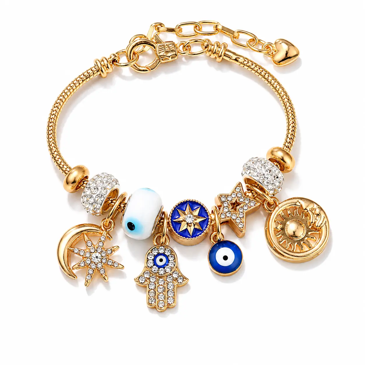Gold Tone Evil Eye Charm Bracelet for Women, Hamsa Hand Sun, Moon & Star Beaded Bracelet, Boho Celestial Jewelry Gift for Her