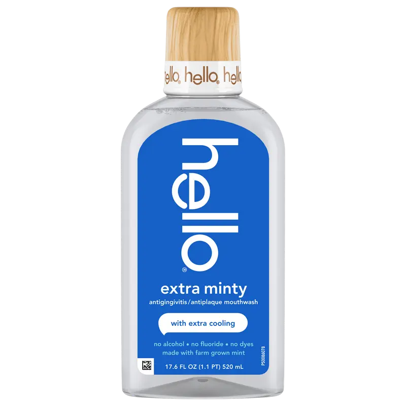 Hello Alcohol-Free Extra Cool Mint Flavored Mouthwash, Clean Breath Oral Rinse with Coconut Oil Boost