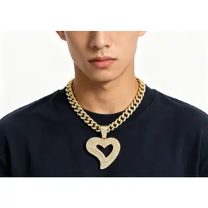 Ice-carved heart-shaped pendant Cuban chain necklace - gold-plated/silver-plated hip-hop style personality jewelry, specially designed for men and women, inlaid with shiny rhinestone chain