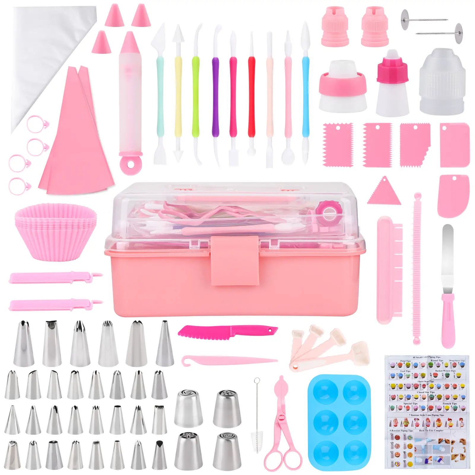 138-Piece Pink Plastic & Stainless Steel Baking Cake Decorating Kit with Storage Box - Wedding Baking Supplies for Beginner Bakers: 50 Piping Bags, 48 Icing Tips, Scrapers, Spatulas, Couplers, Flower Tools, Carving Tools, Smooth Finish Items