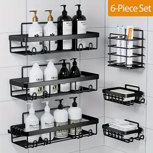 Stainless Steel Shower Caddy 6-Pack, No Drilling & Rustproof, Waterproof Adhesive Shelves Rack With Soap Holder, Large Capacity Bathroom Organizers And Storage, Wall-Mounted Kitchen & Home Decor