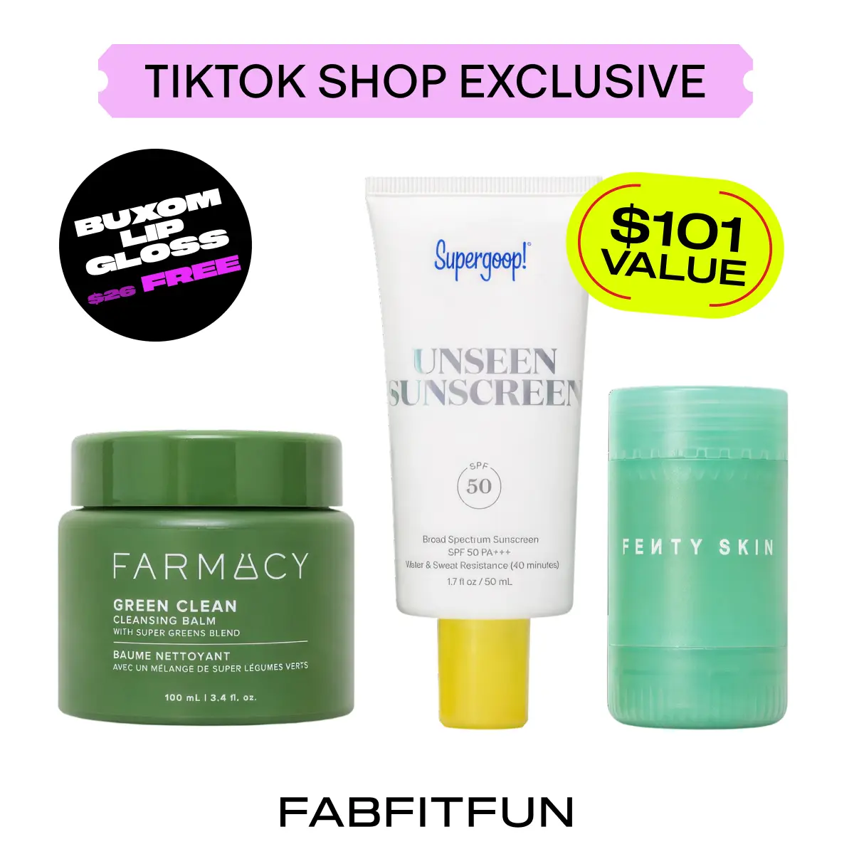 FabFitFun Glass Skin Set ($101 Value!) | Supergoop, Pharmacy, Fenty Skin | Cleansing Balm, Sunscreen, Lip Mask