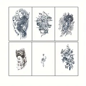 6 Large Herbal Tattoo Stickers, Patterns Include: Koi, Boat, Nine-Tailed Fox, Geisha, Compass, Floral Elements, Lasting for 7-15 Days, Waterproof and Anti-Friction, Realistic Effect, Designed for People Who Don't Want to Really Tattoo