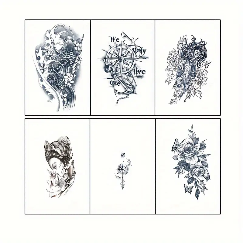 6 Large Herbal Tattoo Stickers, Patterns Include: Koi, Boat, Nine-Tailed Fox, Geisha, Compass, Floral Elements, Lasting for 7-15 Days, Waterproof and Anti-Friction, Realistic Effect, Designed for People Who Don't Want to Really Tattoo
