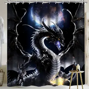 Moonlight Dragon Pattern Bathroom Curtain Set, Non-Slip Bath Mat, Toilet U-Shaped Pad, Modern Home Decor, All-Season Use, Shower Curtain Sets