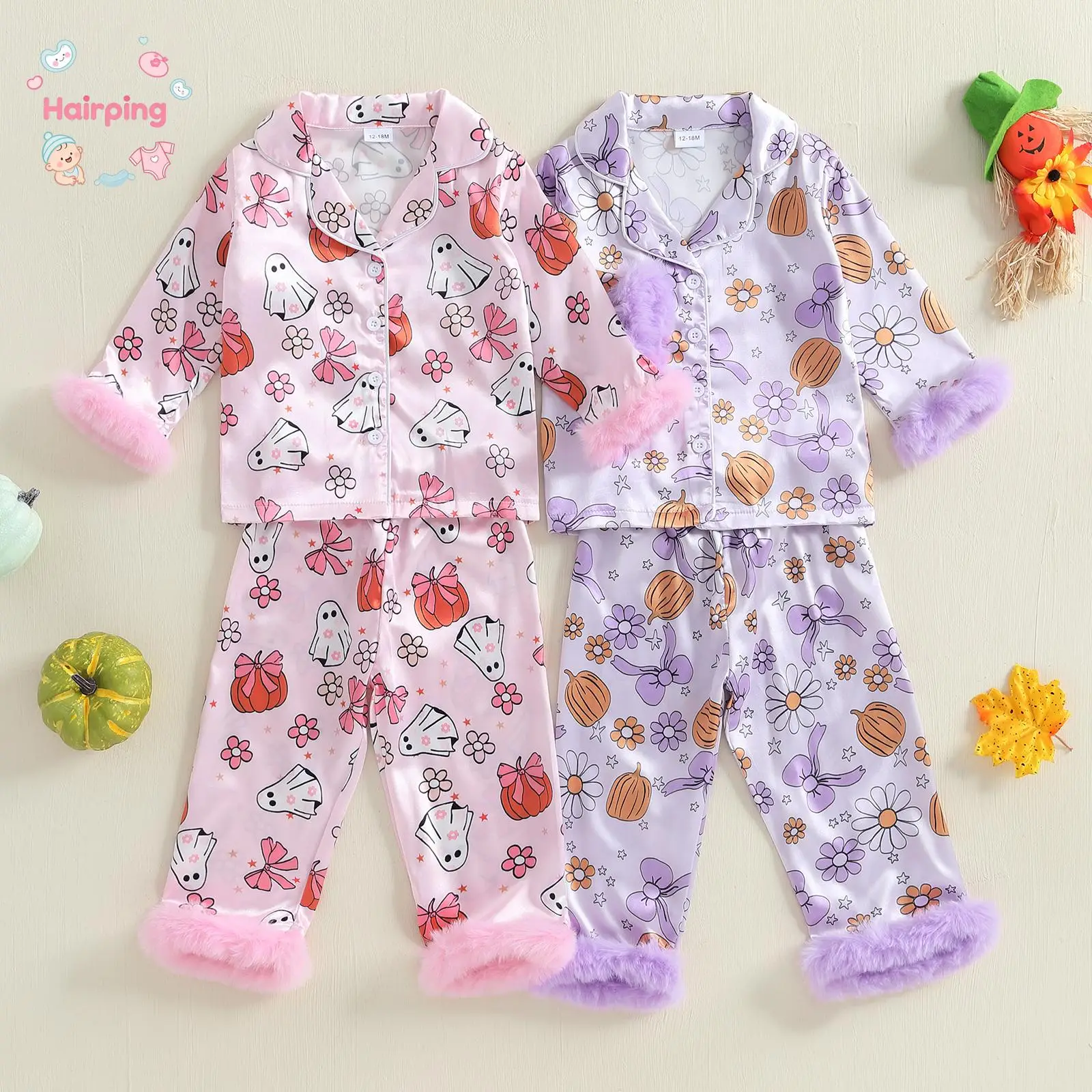 Girls Halloween Pajama Sets, Long Sleeve Lapel Floral Pumpkin/Ghost Print Shirt Pants Sleepwear, Casual Baby Girls Set